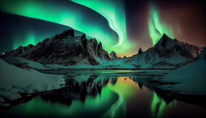 Fototapeta na wymiar Night sky glows with aurora, snowy mountains ,generative AI
