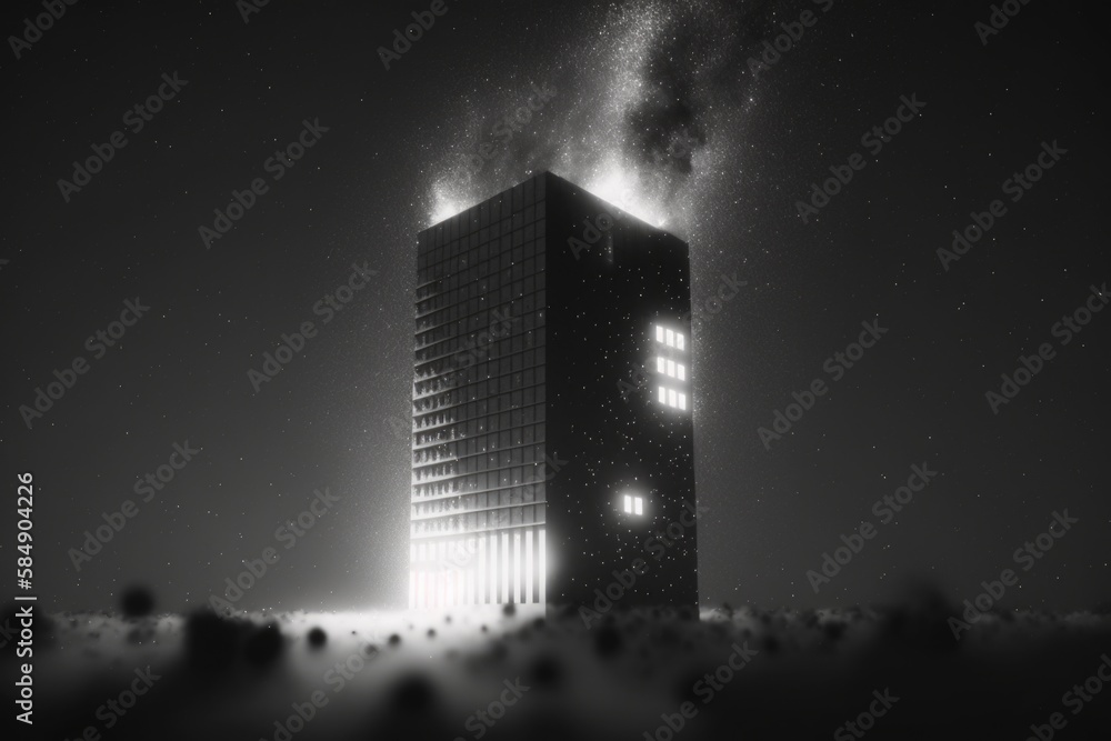 Poster a tall building with a sky background and stars in the sky power plant constructivism architectural 