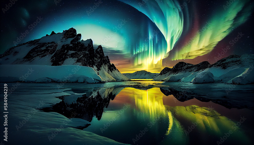 Poster snowscape scene with mountains and space ,generative ai