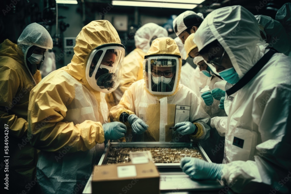 Aufkleber a group of people in protective gear working on a machine in a factory workshop documentary photogra