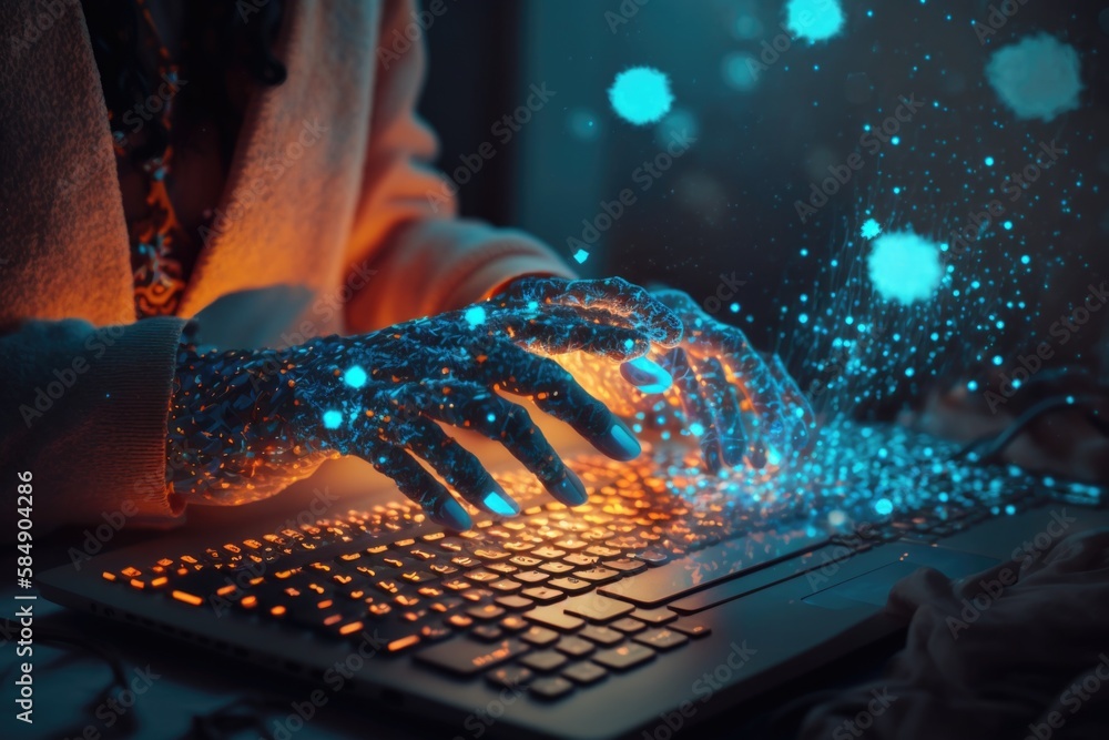 Poster a person typing on a laptop with glowing hands on it's keyboard workshop graphic design supply chain