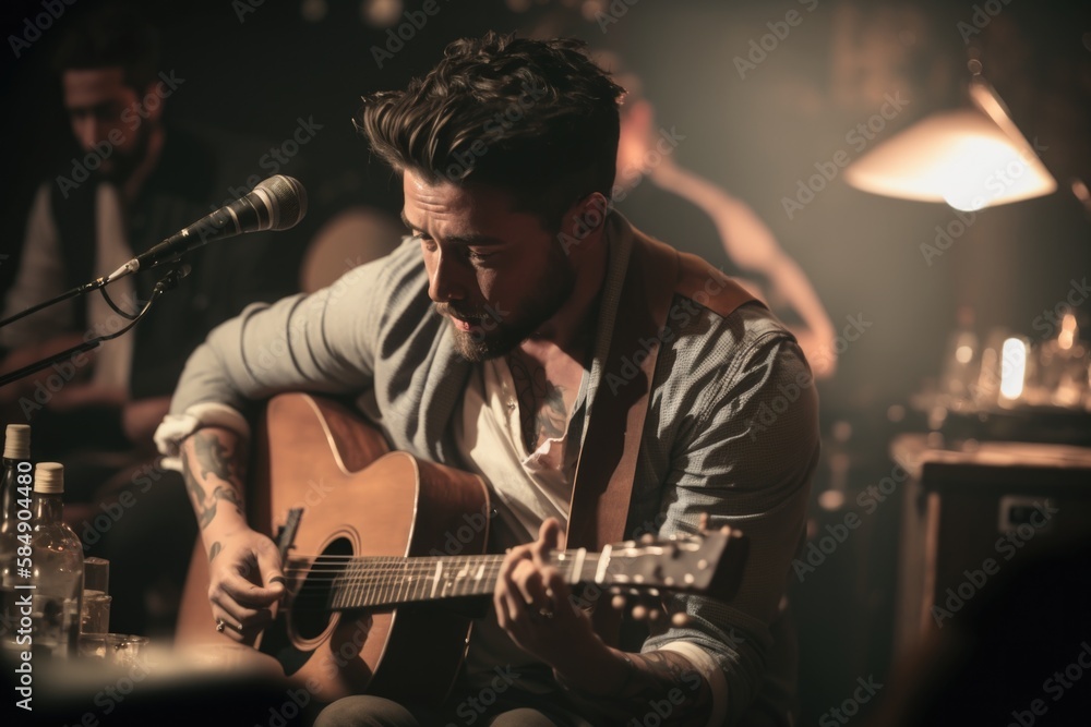 Poster a man playing a guitar in front of a microphone and a microphone recording studio performance photog