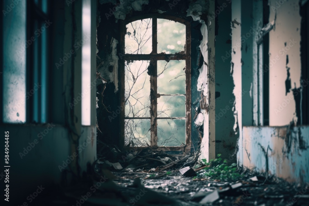 Poster a run down building with a broken window and debris everywhere around abandoned building found objec