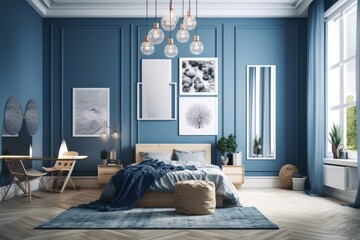 Blue Scandinavian bedroom with brilliant vertical frames, poster mockup on boho wall backdrop,. Generative AI