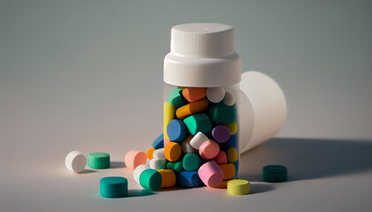 medical bottle with multi colored pills ,generative AI
