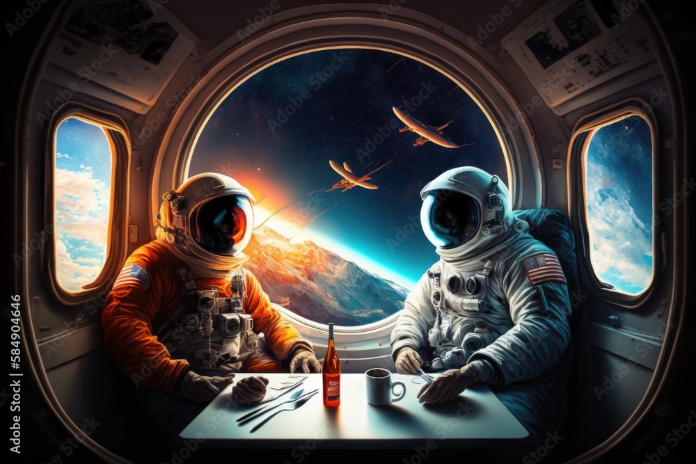 Poster two astronauts sitting at a table in front of a window with a view of the earth oasis time-lapse pho