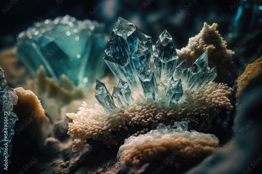 Poster a close up of some rocks and a bunch of crystals on a table rock quarry macro photography mining gen