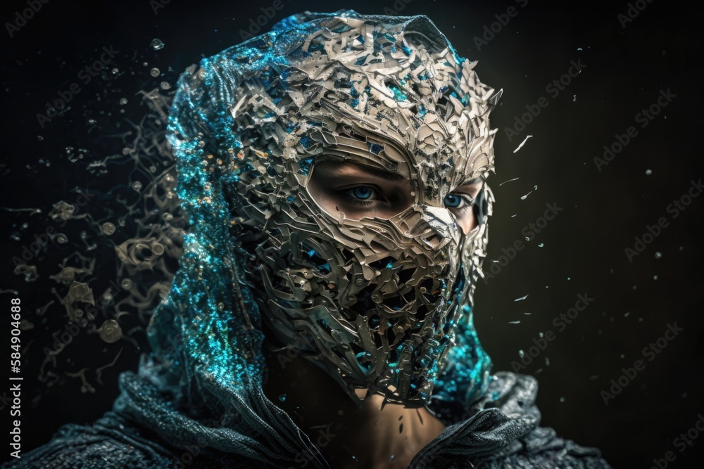 Poster a man with a mask covered in blue and silver beads and chains tundra photorealism computer graphics 
