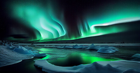 Arctic night illuminated by aurora, majestic mountain landscape ,generative AI