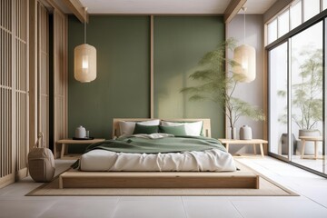 Japanese style white and green bedroom. Double bed, tatami mats, couches, meditation zen place. Minimalist interior design, plan, top,. Generative AI