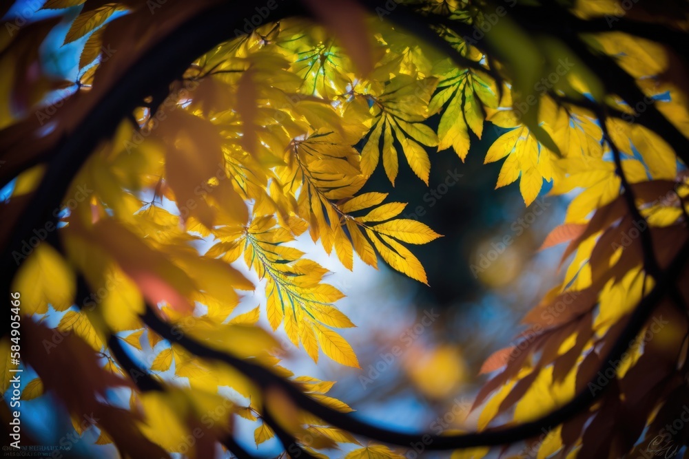 Aufkleber a close up of a tree with yellow leaves on it's branches autumn forest abstract photography macro ph