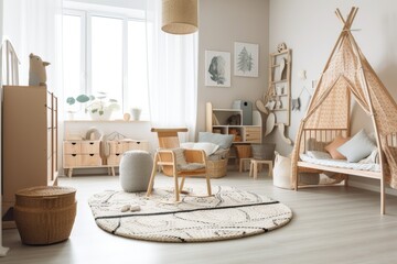 Contemporary kid room with beautiful furniture and accessories. Generative AI