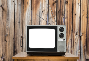 Vintage television on table with rustic cabin wall and cut out screen.