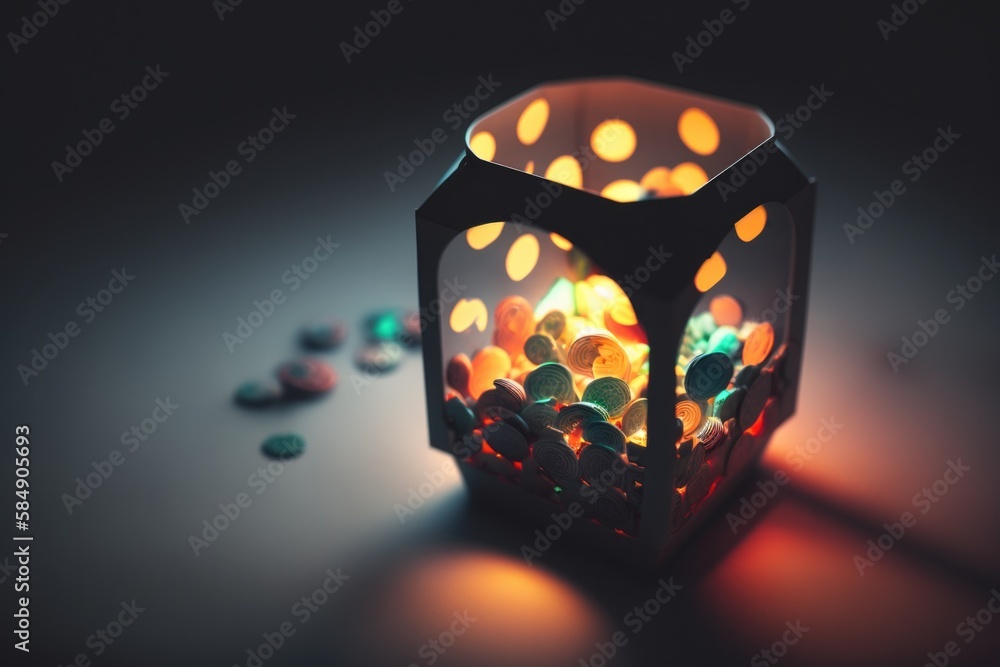 Poster a lantern with a lot of candy inside of it on a table workshop color photography lighting design gen