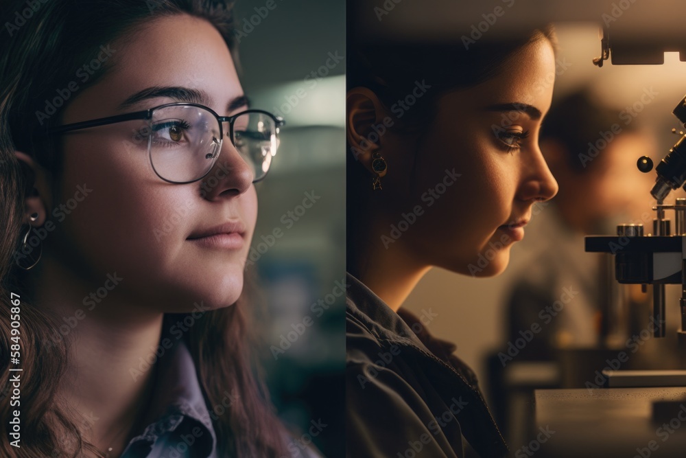 Poster a woman looking through a microscope at another woman looking through a microscope workshop advertis