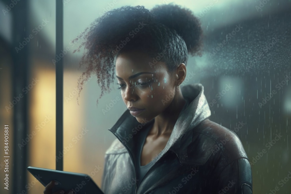 Poster a woman with glasses looking at a tablet computer in the rain city alleyway photorealism computer gr