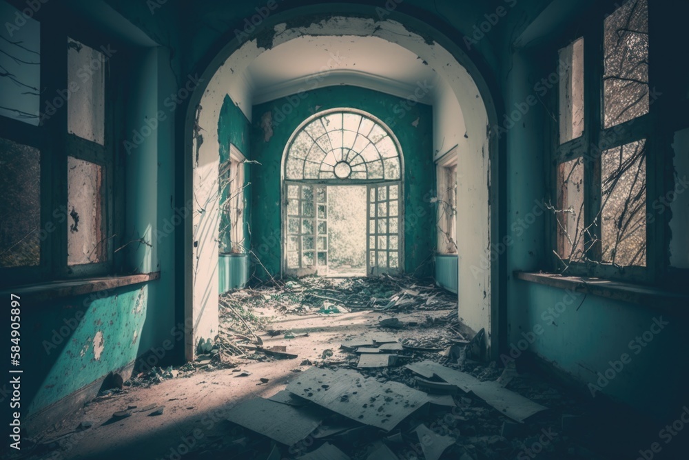 Poster a run down building with broken windows and debris on the floor abandoned building architectural pho