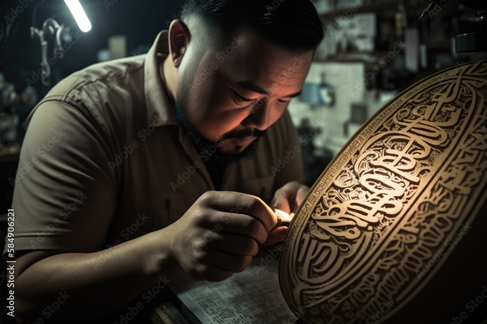 Aufkleber a man working on a large wooden object in a shop with a light workshop wood carving calligraphy gene