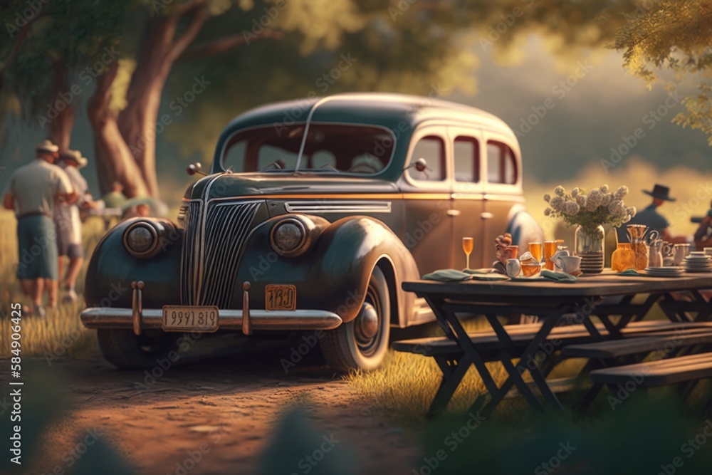 Poster a car parked in a field next to a picnic table with a picnic table park photorealism environment gen