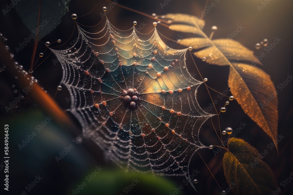 Poster a spider web with dew drops on it and a leaf in the background savanna macro photography web design 