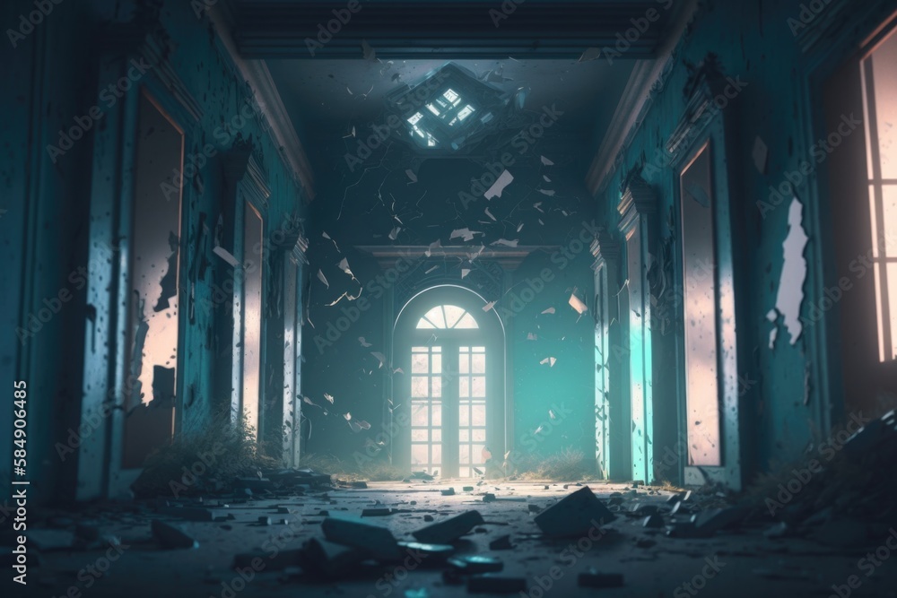 Poster a room with broken windows and a door that is open and shattered abandoned building photorealism set