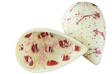 White chocolate Easter egg with candied strawberries_top view.
