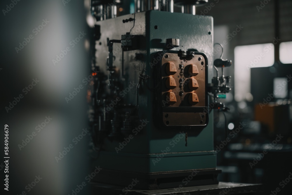 Poster a machine that is making some kind of thing in it's factory workshop bronze casting manufacturing pl