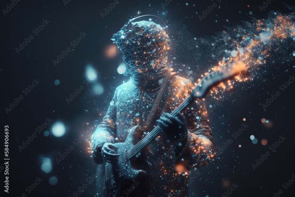 Poster a man with a guitar in his hands and a lot of sparks around him recording studio performance photogr