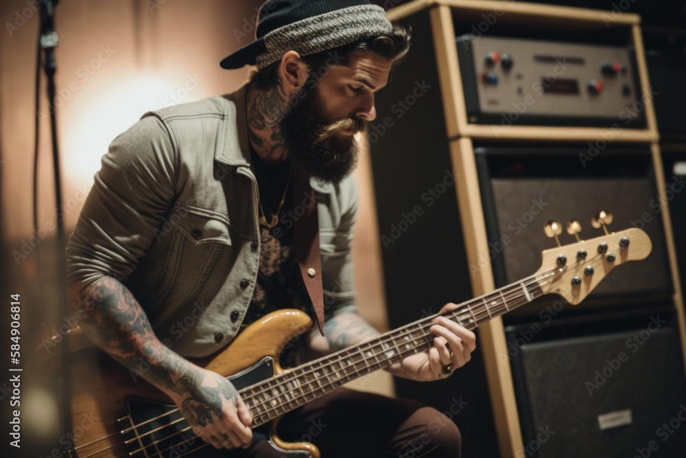 Poster a man with a beard playing a bass guitar in a recording studio recording studio performance photogra