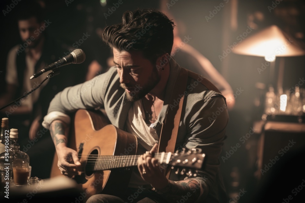 Poster a man playing a guitar in front of a microphone and a microphone recording studio performance photog