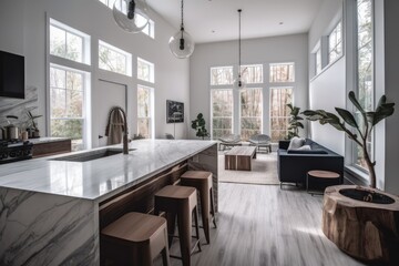 Chattanooga, Tennessee, USA, February 25, 2020 Contemporary living room and kitchen in little house. Generative AI - obrazy, fototapety, plakaty