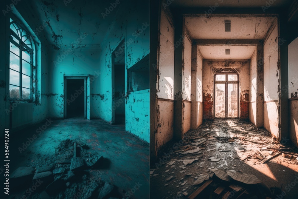 Poster a hallway with a broken door and a broken window in a run down building abandoned building long expo