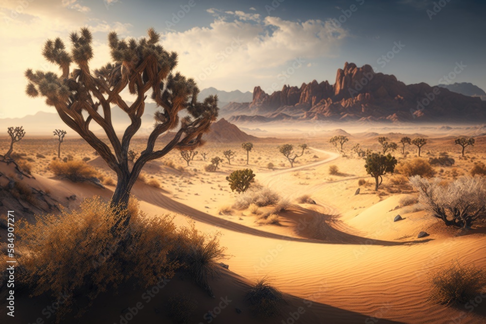 Aufkleber a desert scene with a lone tree and mountains in the background desert panoramic photography environ