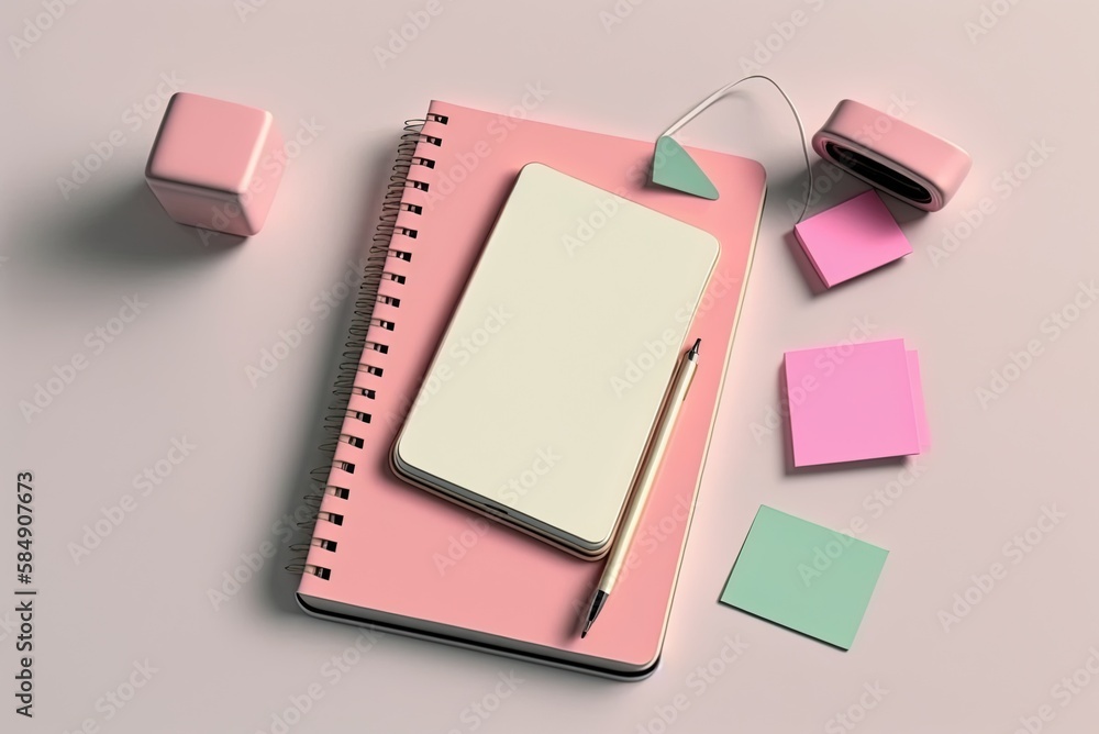 Poster A smartphone sits on a white desk next to a notepad, some pink sticky notes, and some paper clips in this overhead image. Generative AI