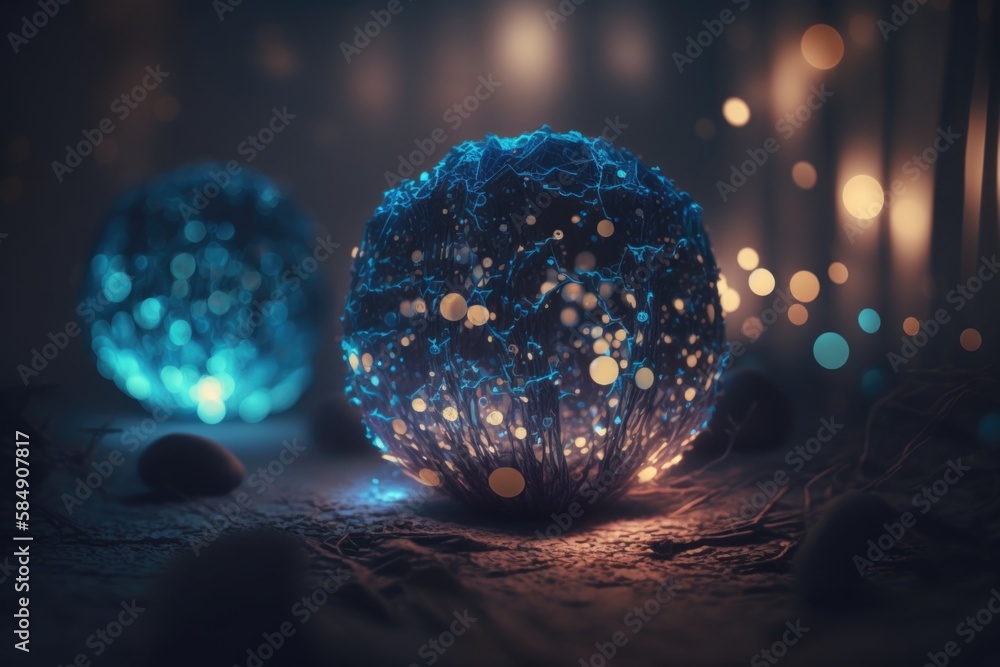 Poster two blue lights are glowing on a table top with a dark background deep sea trench macro photography 