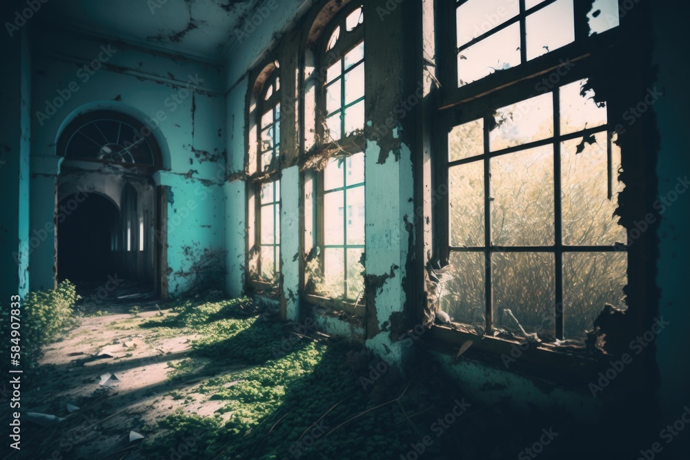 Poster a run down building with a bunch of windows and grass growing in the floor abandoned building panora