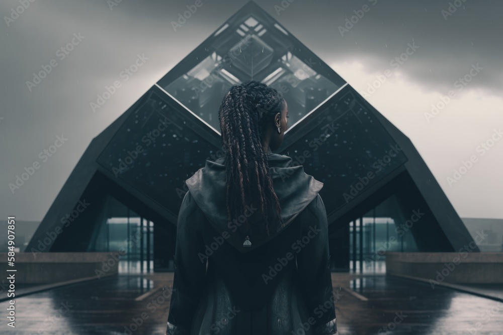 Poster a woman with braids standing in front of a building with a pyramid shaped structure tundra graphic d