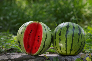 Delicious whole and cut watermelons on stone surface outdoors