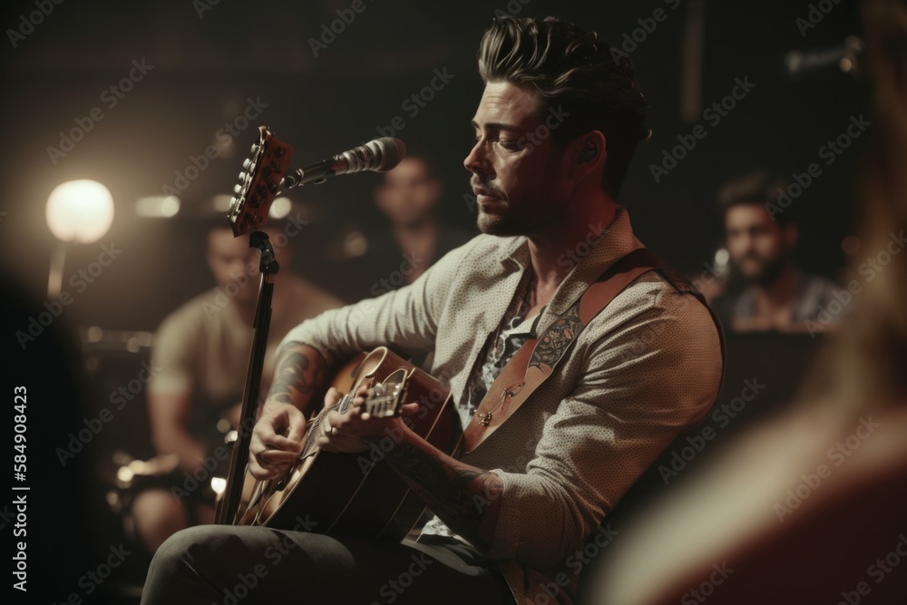 Poster a man playing a guitar in front of a microphone and a microphone recording studio performance photog