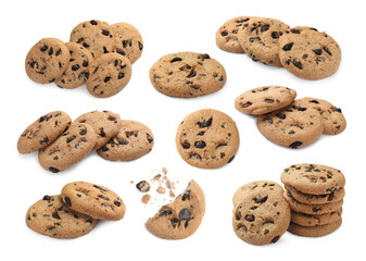 Tasty chocolate chip cookies on white background, collage design