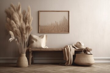 Blank wall in interior with wooden seat and pampas grass in wicker handbag,. Generative AI