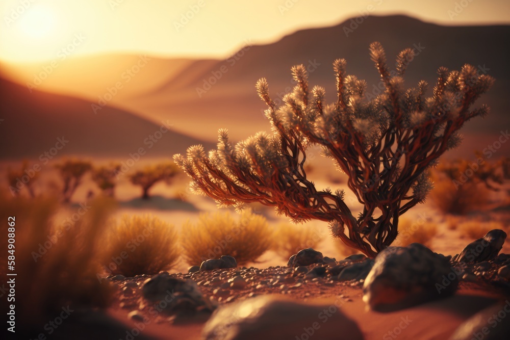 Aufkleber a small cactus in the middle of a desert with rocks and grass desert photorealism environment genera