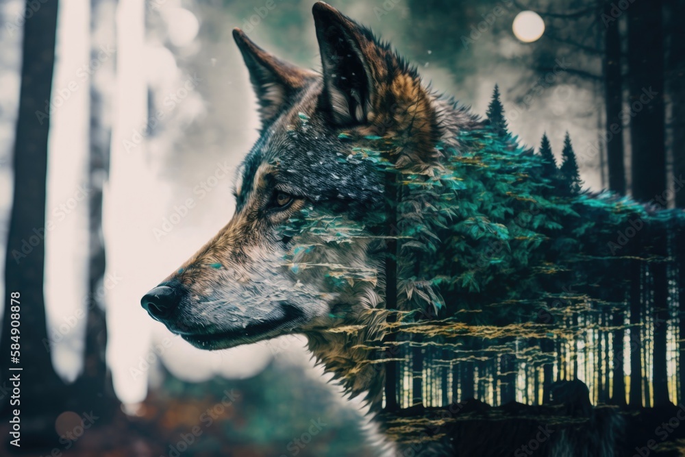 Poster a wolf is standing in the woods with trees in the background forest digital art nature generative ai
