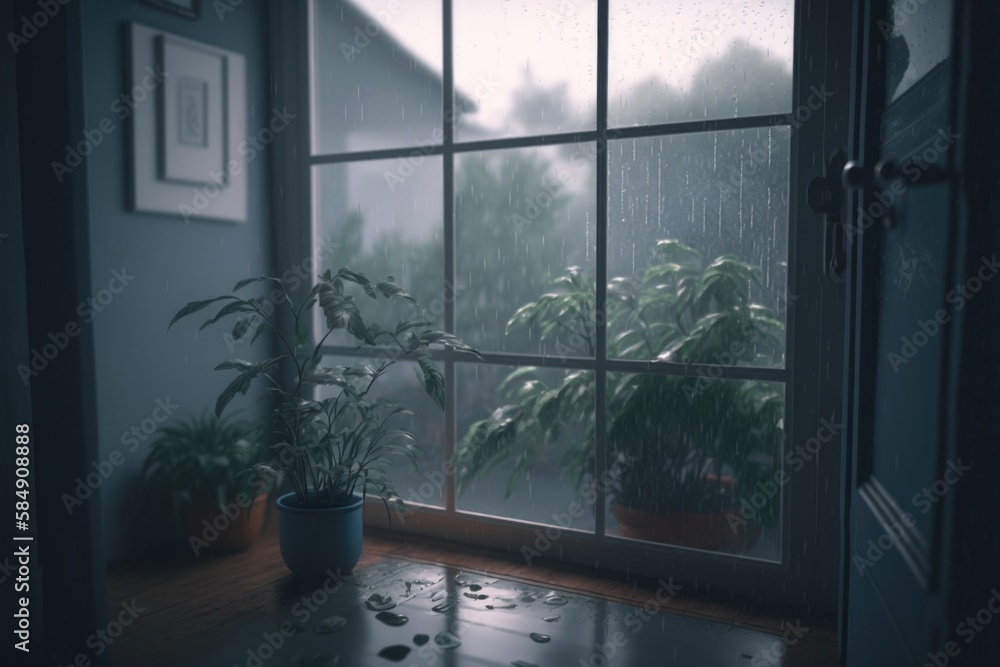 Aufkleber a window with a potted plant on a table in front of it rainforest photorealism meteorology generativ