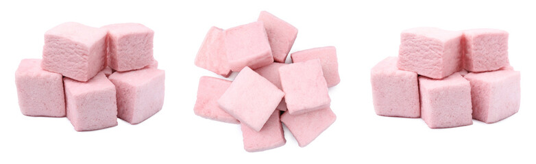 Collage with tasty pink marshmallows on white background