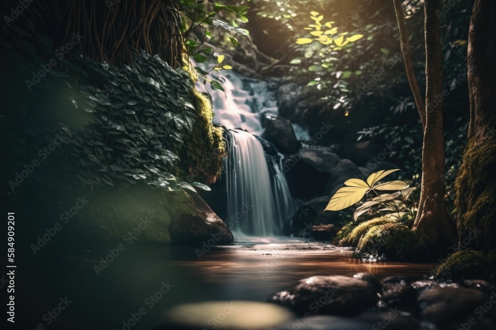 Poster a small waterfall in a forest with rocks and trees around it rainforest waterfall landscape photogra