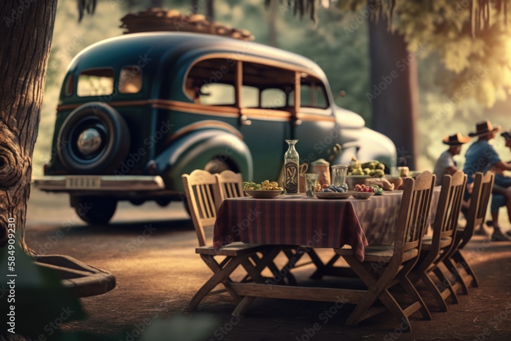 Poster a table with a table cloth and chairs in front of a car rustic cabin in summer photorealism set desi