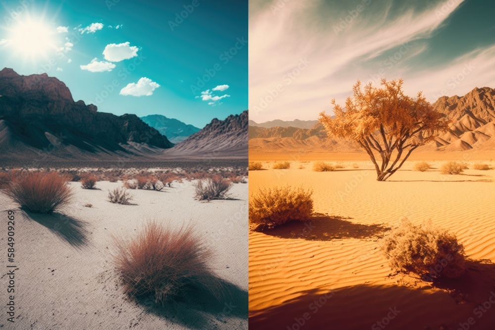 Poster a desert landscape with a tree and mountains in the background and a desert landscape with a tree an