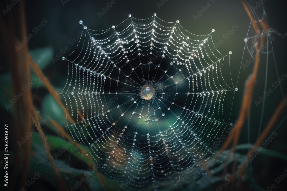 Poster a spider web with water droplets on it in the dark night zoo macro photography web design generative