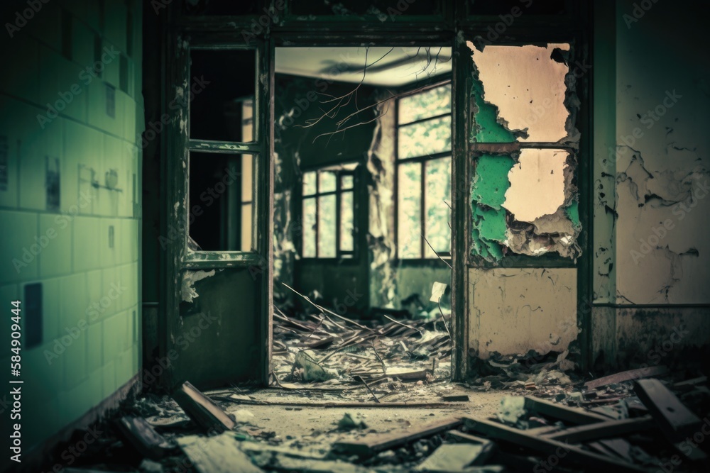 Poster a run down building with broken windows and debris on the floor abandoned building documentary photo